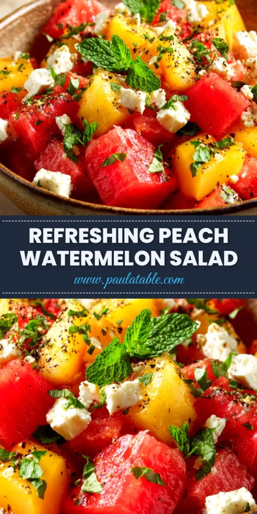 Peach Watermelon Salad Recipe (The Ultimate Refresher) 3 A vibrant and refreshing peach watermelon salad recipe in a white bowl, garnished with fresh mint and feta cheese. The perfect healthy summer fruit salad.