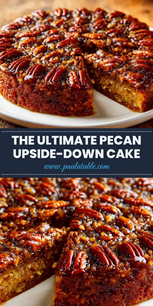 Pecan Upside Down Cake (The Ultimate No-Fail Recipe) 4 A beautiful slice of pecan upside down cake on a white plate, showcasing the gooey caramel pecan topping and moist cake crumb.