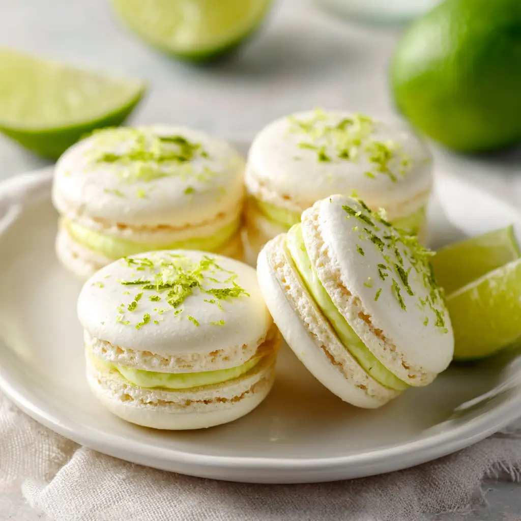 Key Lime Macarons: The Foolproof Recipe 2 A close-up of beautifully arranged key lime macarons on a rustic wooden board, highlighting their smooth tops and delicate ruffled 'feet'.