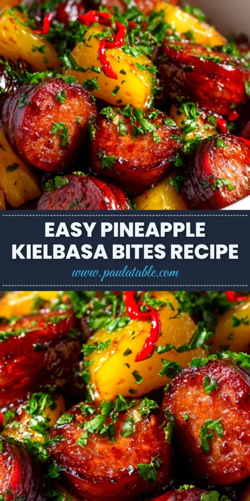 Pineapple Kielbasa Bites: The Easiest 3-Ingredient Appetizer 3 A top-down view of sweet and sticky Pineapple Kielbasa Bites in a white serving bowl, garnished with green onions and ready for a party.