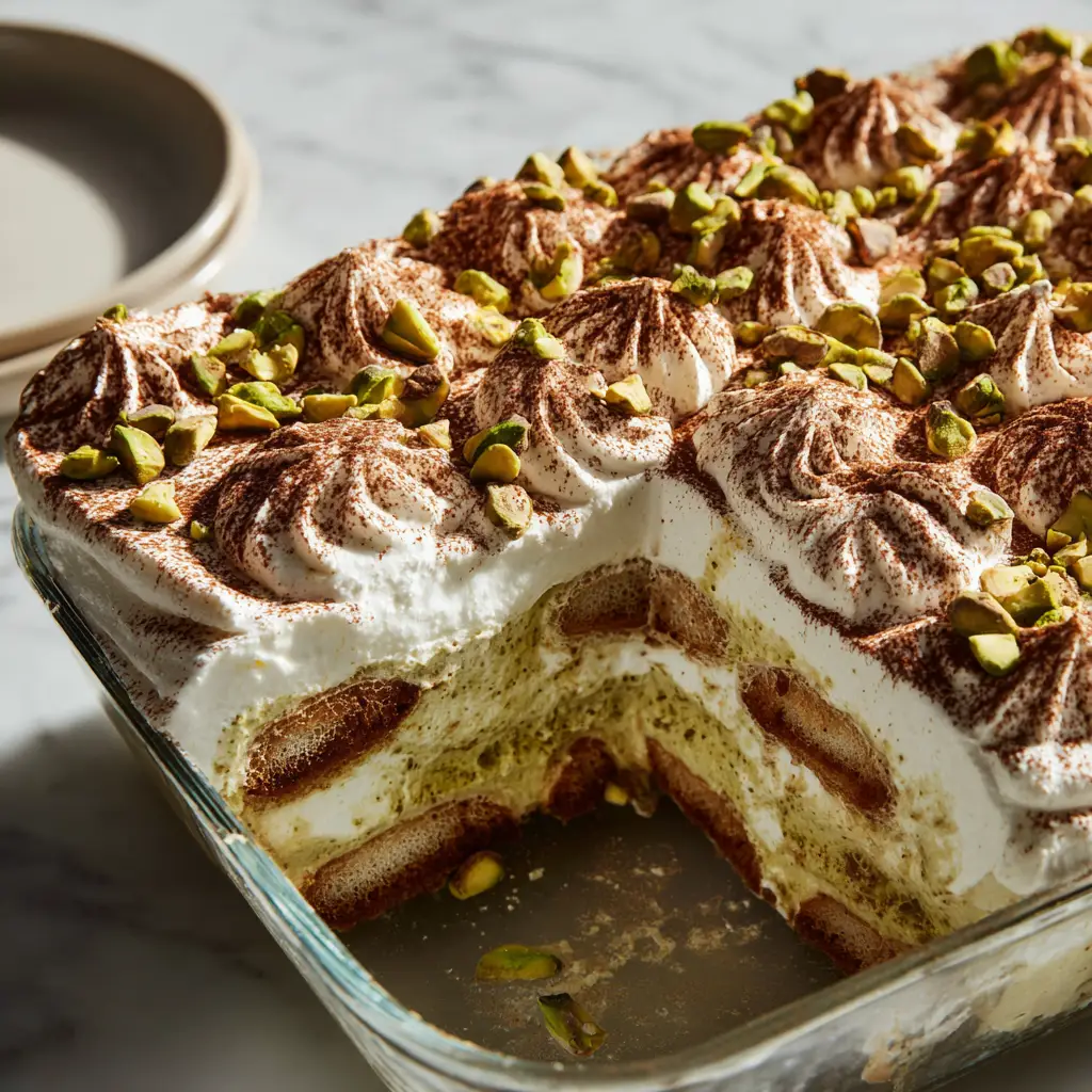Pistachio Tiramisu: A Creamy, No-Bake Italian Dream 1 A top-down view of the pistachio tiramisu, generously garnished with finely chopped pistachios, ready to be served.