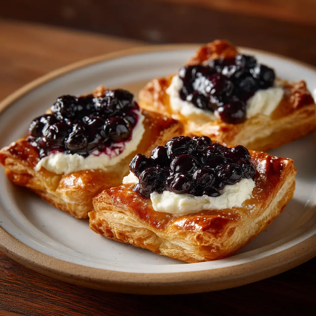 A close-up of a blueberry cream cheese danish showing the creamy filling and jammy blueberries before the glaze is added.