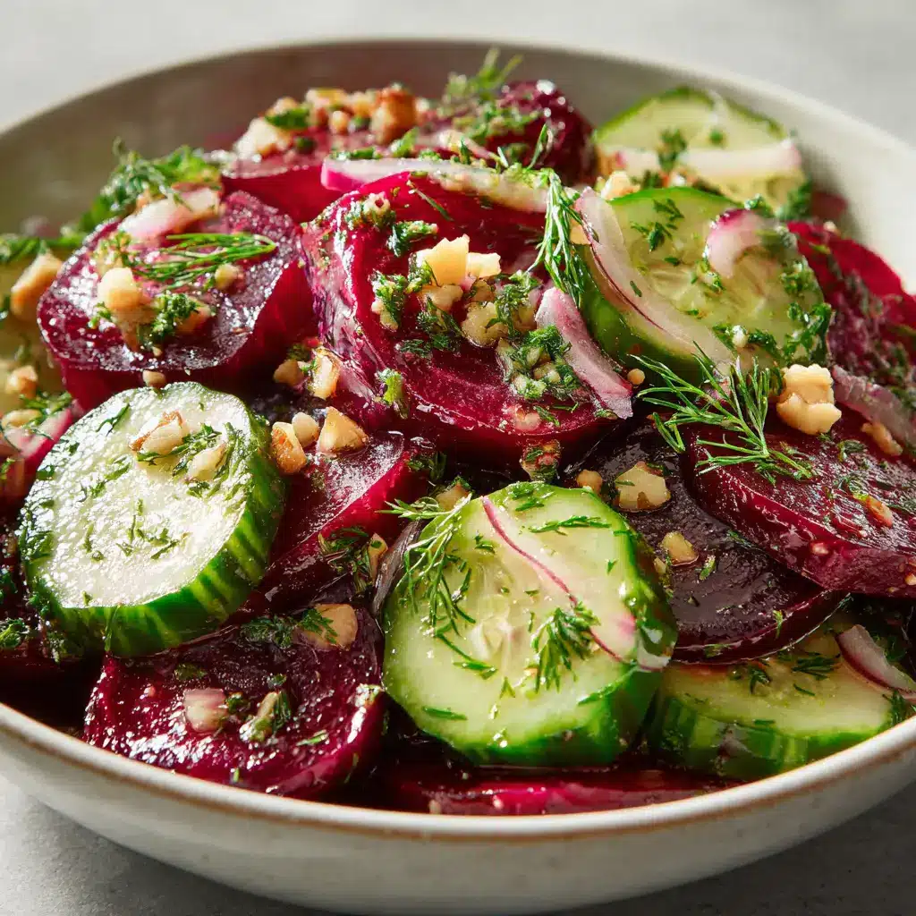 Beet and Cucumber Salad (The Most Refreshing Recipe) 1 Another angle of the refreshing beet salad, tossed with a simple vinaigrette in a large glass bowl.