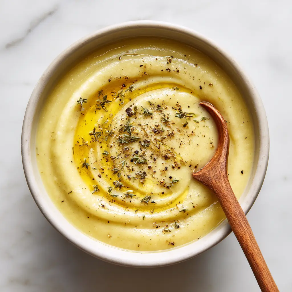 Creamy Potato Leek Soup (The Ultimate Recipe) 1 A close-up photograph of creamy potato and leek soup being poured into a bowl, demonstrating the rich and silky consistency of the finished dish.