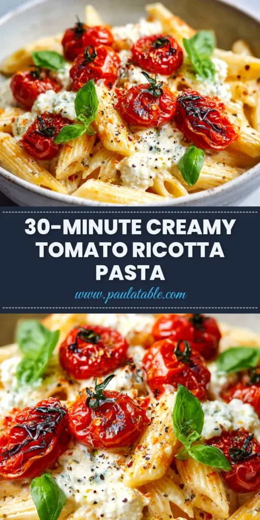 A close-up overhead shot of a white bowl filled with Roasted Tomato and Ricotta Pasta, garnished with fresh basil and parmesan cheese.