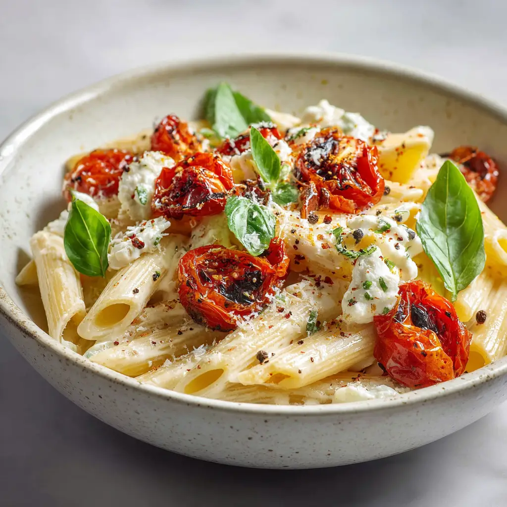 A close-up shot of baked ricotta pasta sauce ingredients, featuring roasted cherry tomatoes and garlic in a baking dish before blending.
