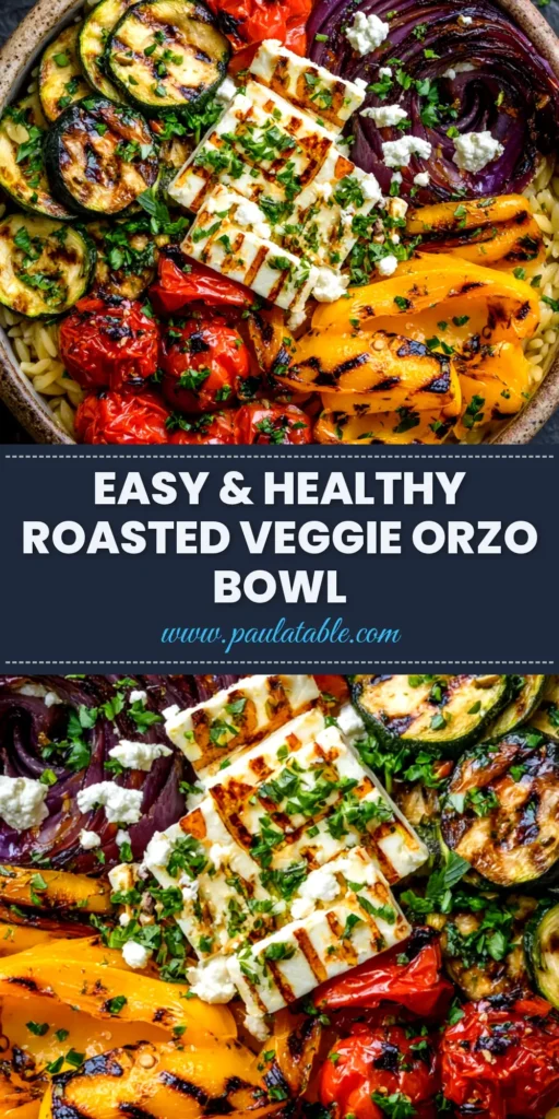 A beautiful Roasted Vegetable Orzo Bowl in a white serving bowl, garnished with fresh parsley and feta cheese. The perfect healthy and easy meal prep recipe.