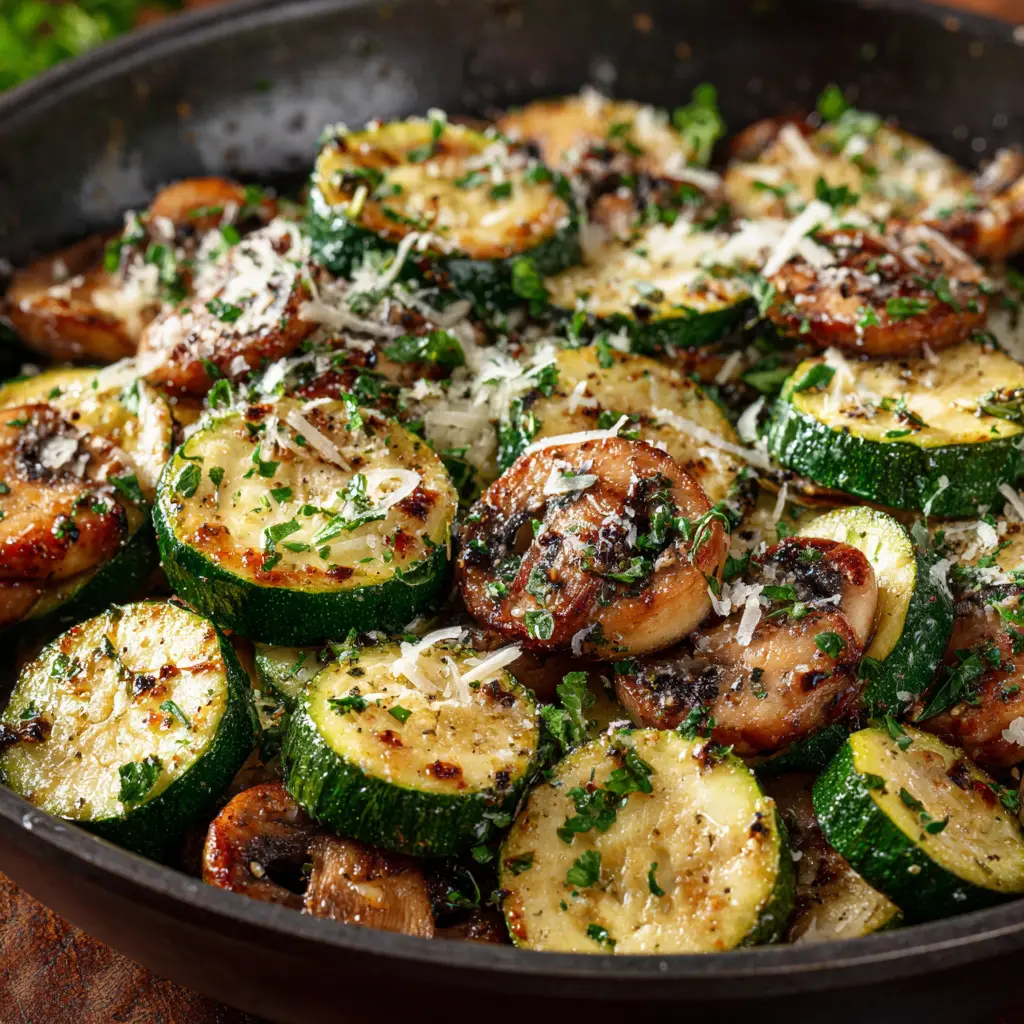 Skillet Zucchini and Mushrooms: The Perfect 20-Minute Side Dish 2 A close-up shot of sautéed zucchini and mushrooms in a pan, highlighting the browned texture and fresh parsley garnish.