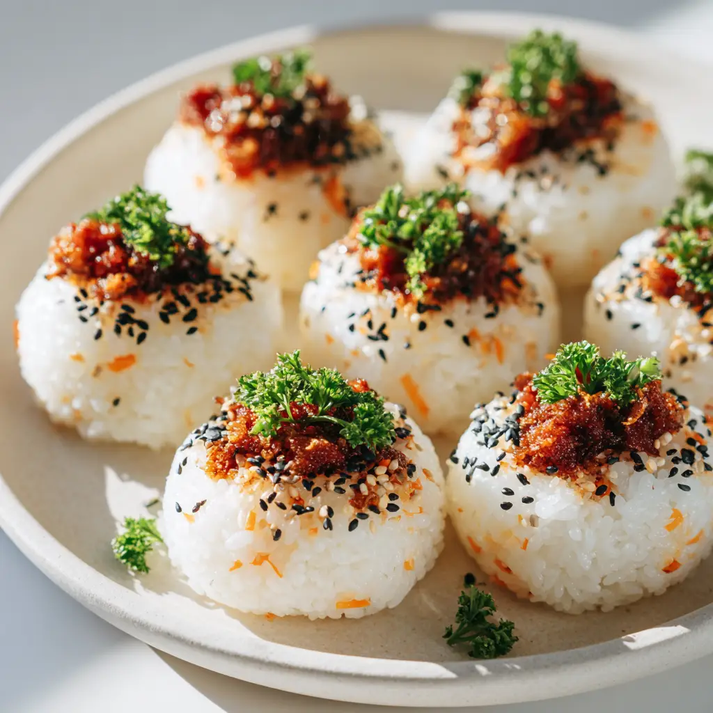 A collection of savory Korean rice balls arranged on a platter, showing the texture of the rice, seaweed, and sesame seeds.