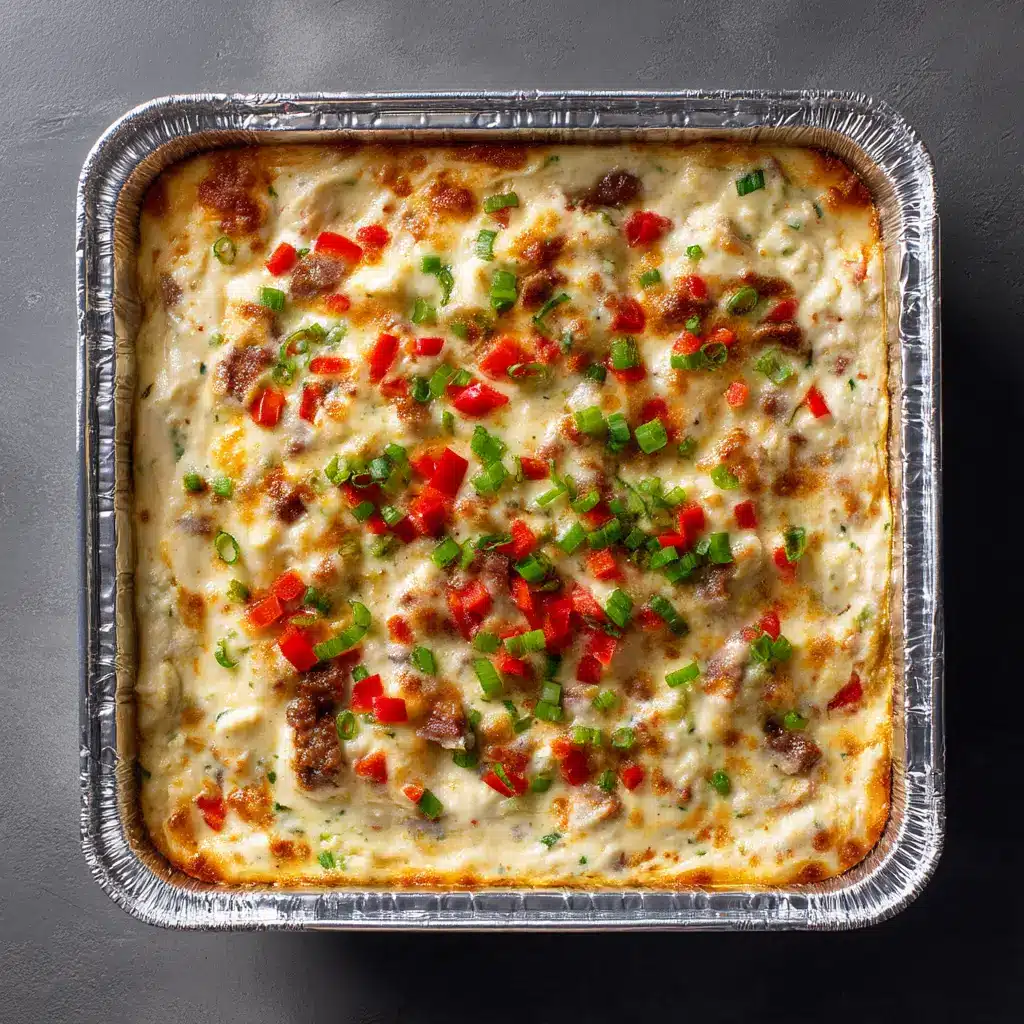 A scoop of the cheesy game day dip on a corn chip, highlighting the layers of chili, hot dogs, and melted cheese inside.