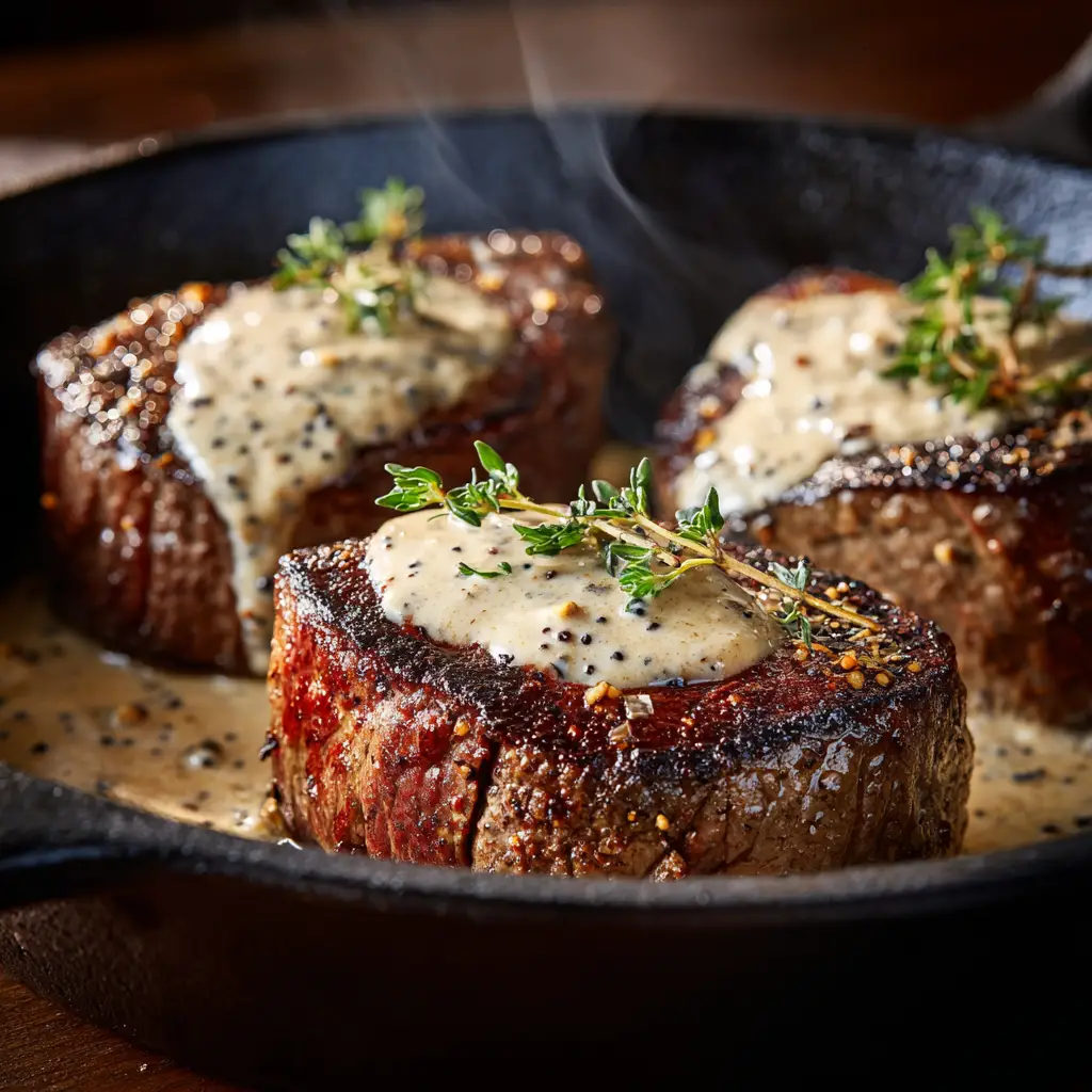 Filet Mignon with Peppercorn Sauce: A Steakhouse Classic at Home 2 Three thick-cut filet mignon steaks searing in a hot cast-iron skillet to create a perfect crust.