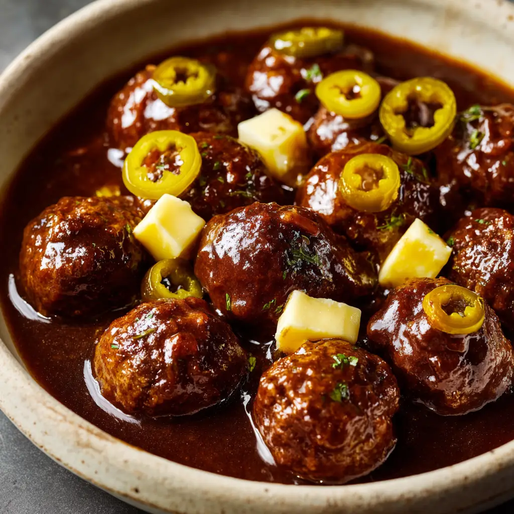 A bowl of tender Crockpot Mississippi Meatballs ready to be served, highlighting the zesty pepperoncini peppers.