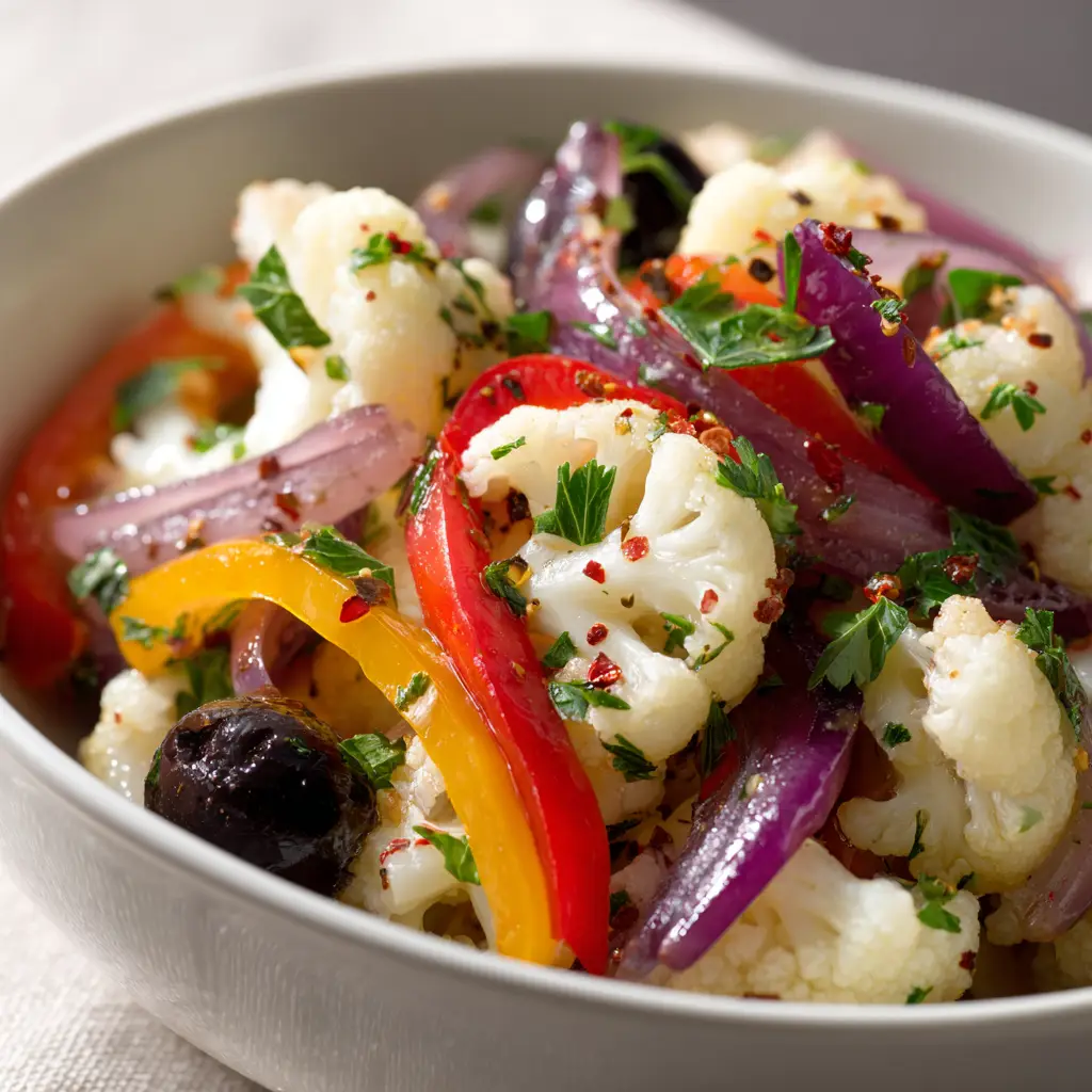 A spoonful of the finished marinated cauliflower salad being lifted from the bowl, showing the glossy dressing coating the vegetables.