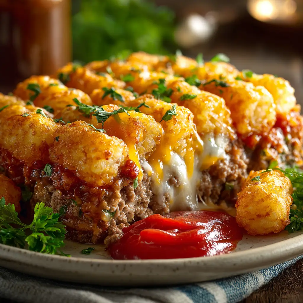 A spatula lifting a perfect slice of meatloaf tater tot casserole out of the baking dish, revealing the layers of meat, cheese, and potatoes.