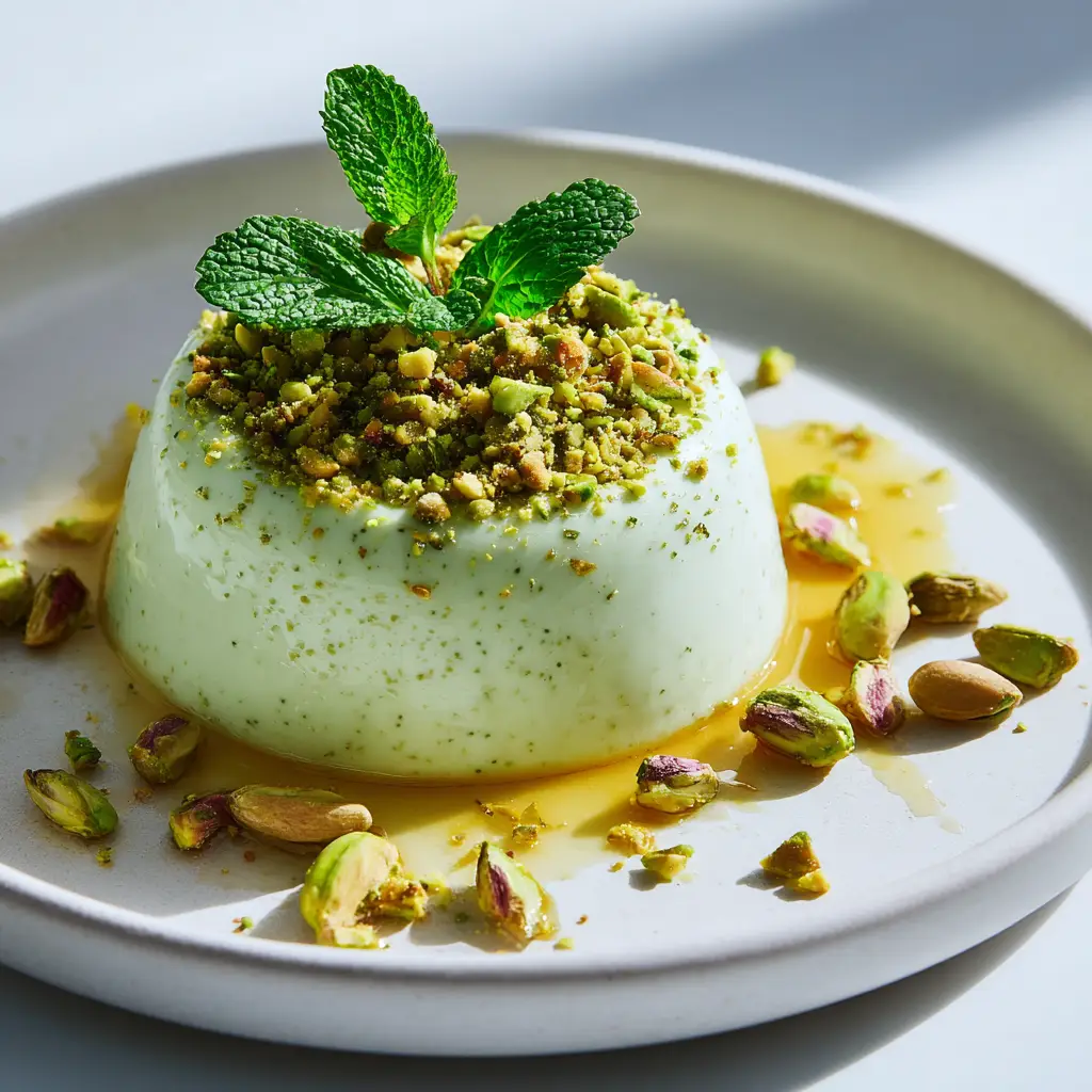 Pistachio Panna Cotta: The Ultimate Creamy Italian Dessert 1 An overhead view of a pistachio panna cotta being served, garnished with bright green chopped pistachios, highlighting the final presentation.