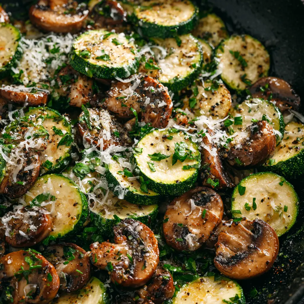 Skillet Zucchini and Mushrooms: The Perfect 20-Minute Side Dish 1 A spoonful of the finished skillet zucchini and mushrooms, showcasing the tender-crisp texture and savory garlic herb coating.
