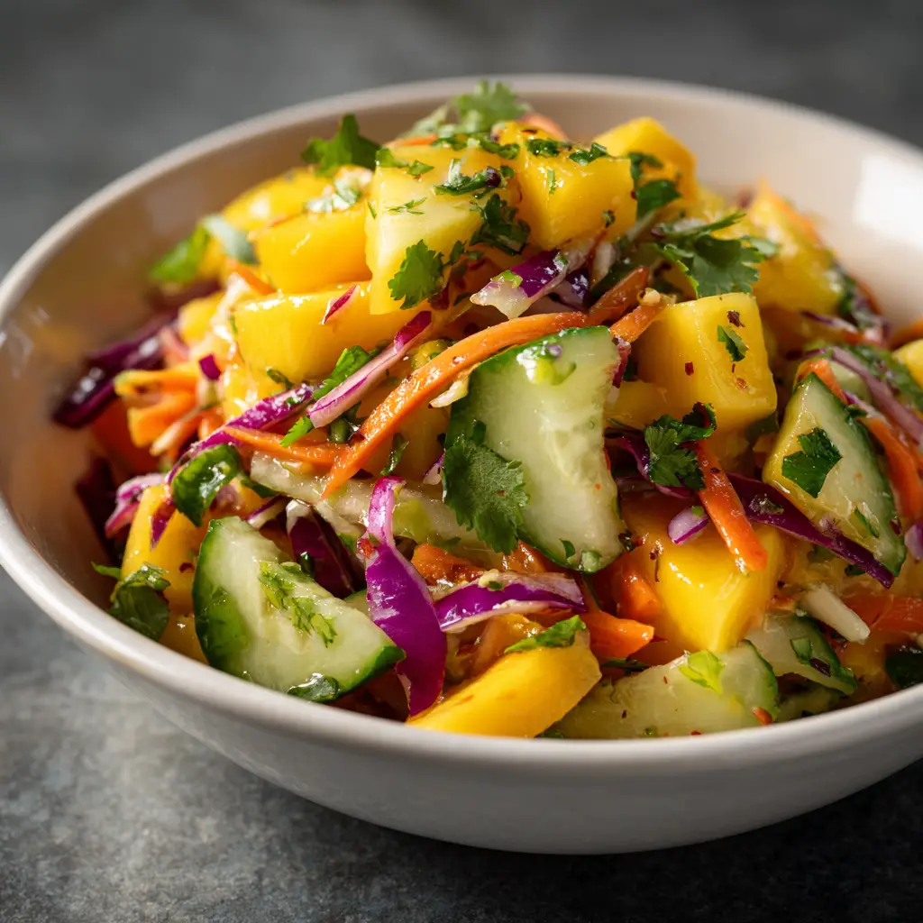 Tropical Cucumber Mango Slaw: A Refreshing Escape 1 A serving of the healthy cucumber mango salad on a plate, demonstrating a perfect portion size for a summer side dish.