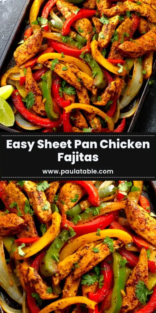 Sheet Pan Chicken Fajitas (Easy, Flavorful Recipe!) 3 A delicious pan of sheet pan chicken fajitas, with colorful bell peppers, onions, and seasoned chicken. The perfect easy weeknight dinner idea.