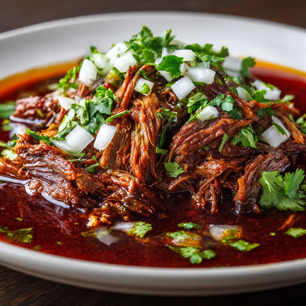 A bowl of rich, dark red birria consommé with shredded beef, topped with fresh cilantro and diced onion, ready for dipping tacos.