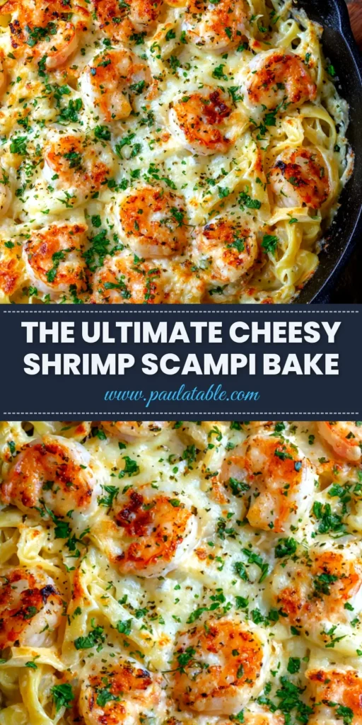 Shrimp Scampi Pasta Bake: The Ultimate Cheesy & Garlicky Dish 4 A delicious Shrimp Scampi Pasta Bake in a white casserole dish, topped with golden bubbly cheese and fresh parsley.
