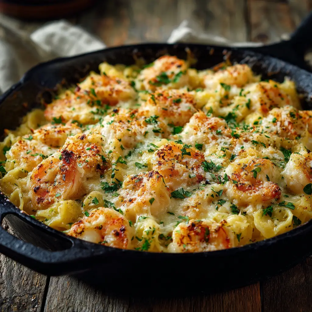 Shrimp Scampi Pasta Bake: The Ultimate Cheesy & Garlicky Dish 1 A serving of cheesy shrimp scampi pasta bake on a white plate with a fork.