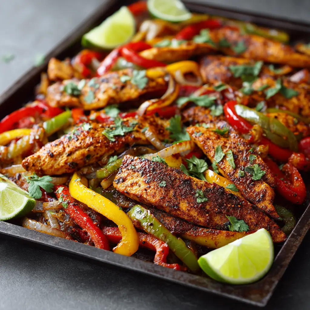 Sheet Pan Chicken Fajitas (Easy, Flavorful Recipe!) 2 A close-up of sizzling chicken fajitas on a dark metal pan. The oven baked chicken fajitas are perfectly cooked and ready to serve.