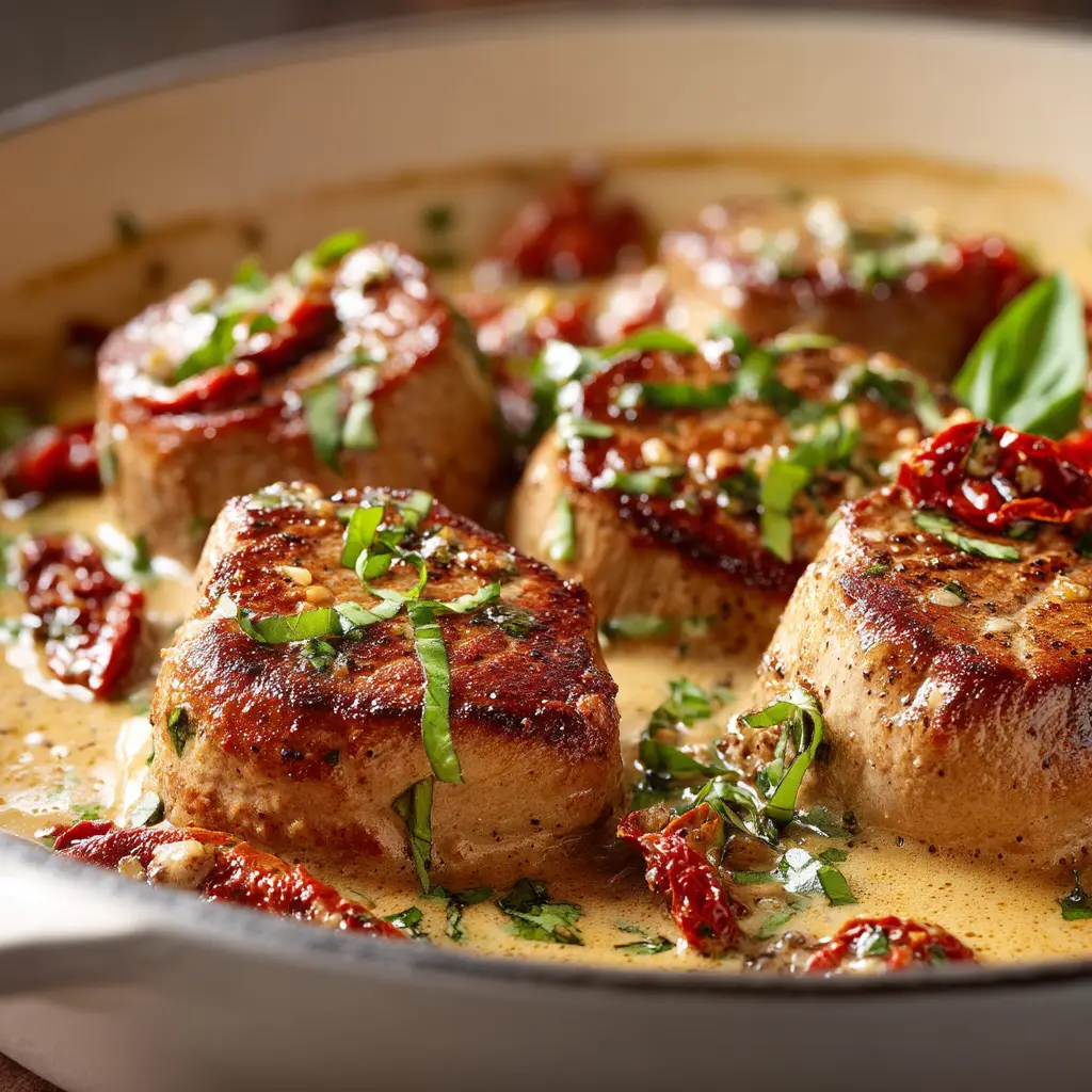 Marry Me Pork Tenderloin (The Only Recipe You'll Ever Need) 1 A skillet of Marry Me Pork Tenderloin simmering in the decadent cream sauce before being served.