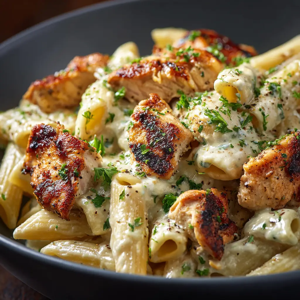 A skillet filled with Creamy Ricotta Chicken Pasta being stirred with a wooden spoon. The fresh parsley garnish adds a pop of color to the rich dish.