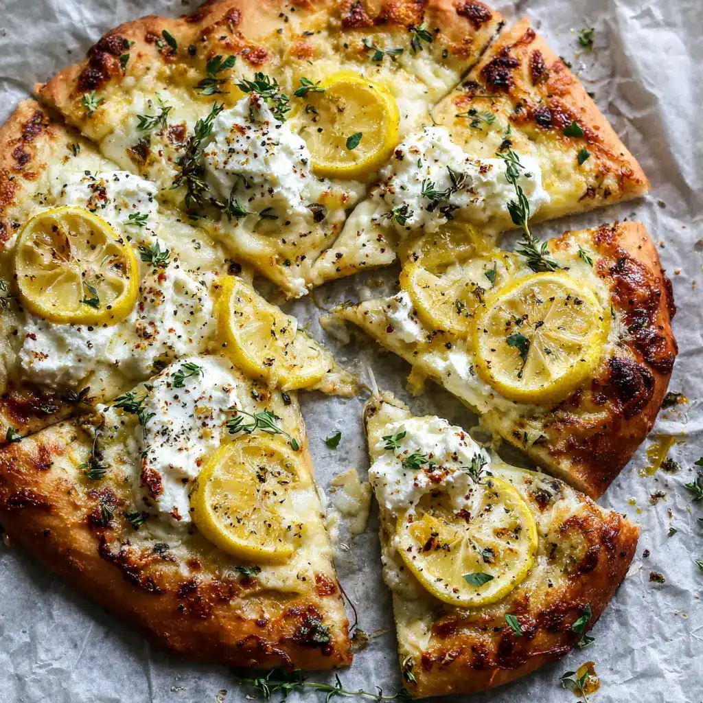A slice of white pizza with lemon being lifted from the whole pie, showing a satisfying cheese pull.