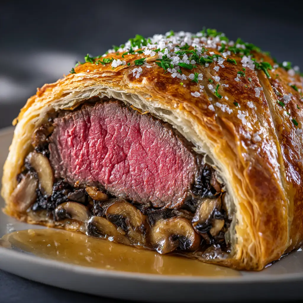 Mini Beef Wellingtons: The Ultimate Appetizer Recipe 1 A freshly baked mini beef wellington being sliced, with steam rising from the tender filet mignon and savory mushroom duxelles.