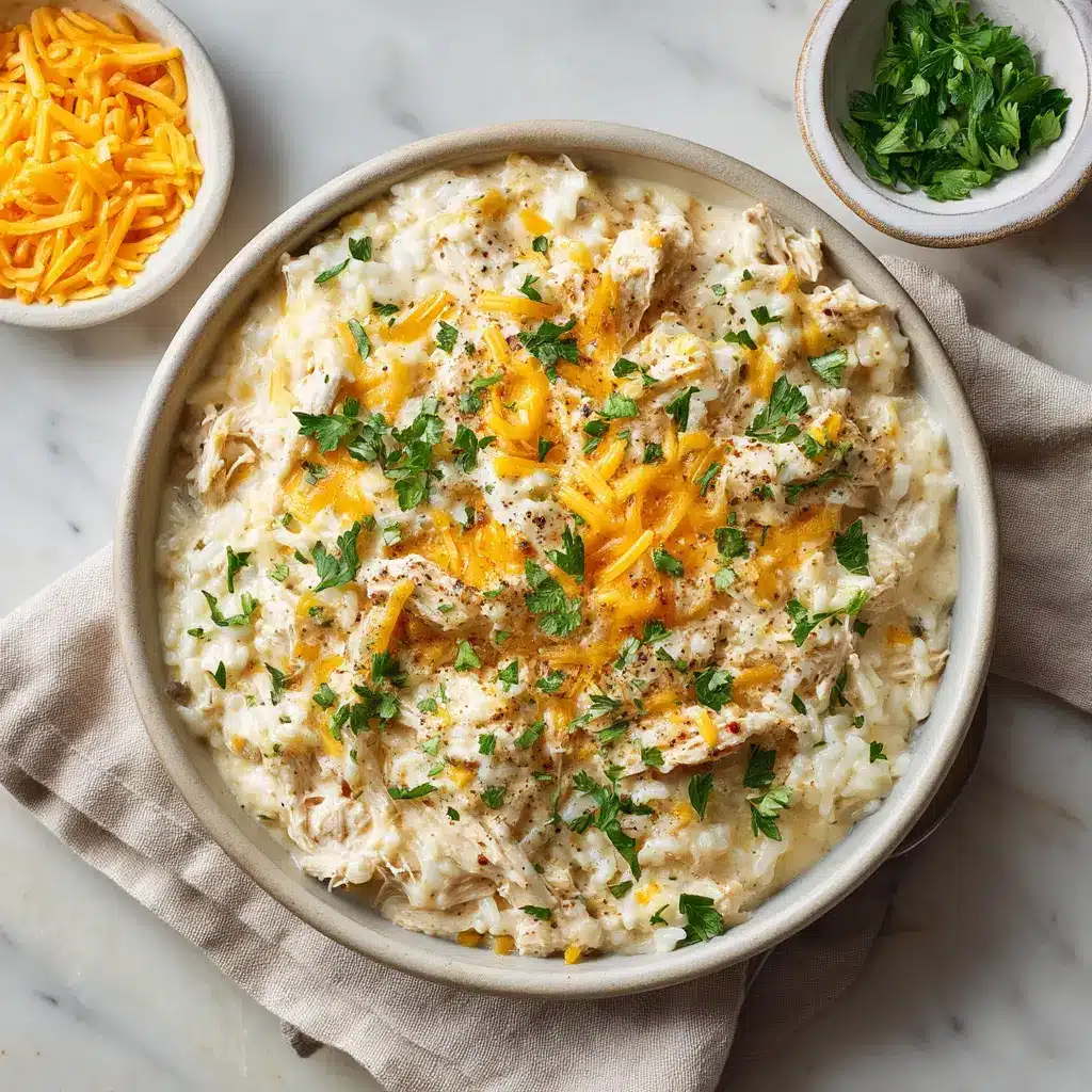 Crockpot Chicken and Rice: The Easiest, Creamiest Recipe! 2 An overhead view of the creamy slow cooker chicken and rice in a white serving dish, ready to be eaten.