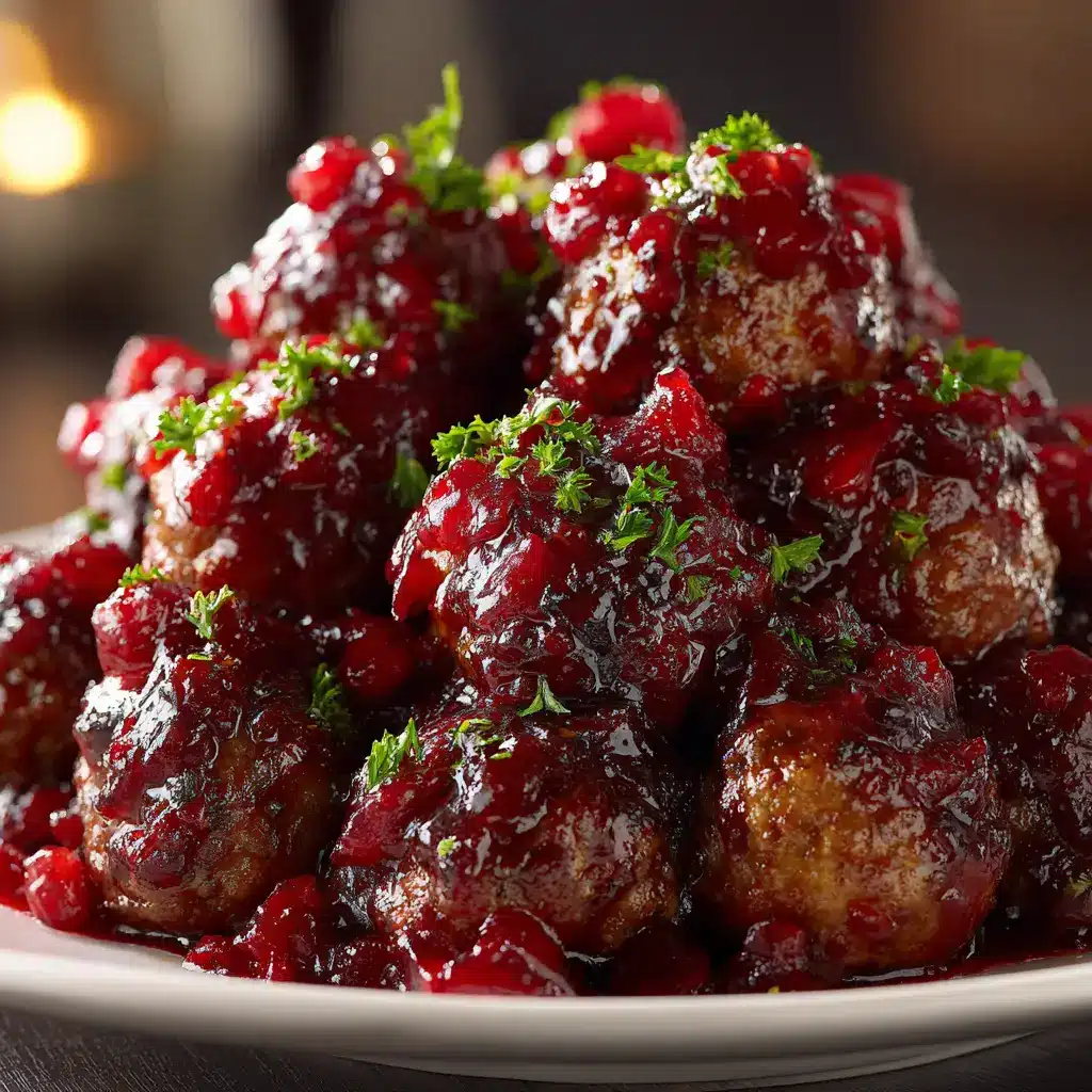 A bowl of slow cooker cranberry meatballs ready to be served for a party, with a serving spoon lifting one out.