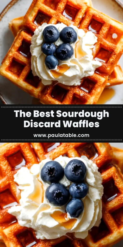 A stack of golden brown sourdough discard waffles on a white plate, topped with fresh berries and a drizzle of maple syrup. The perfect crispy sourdough waffle recipe.