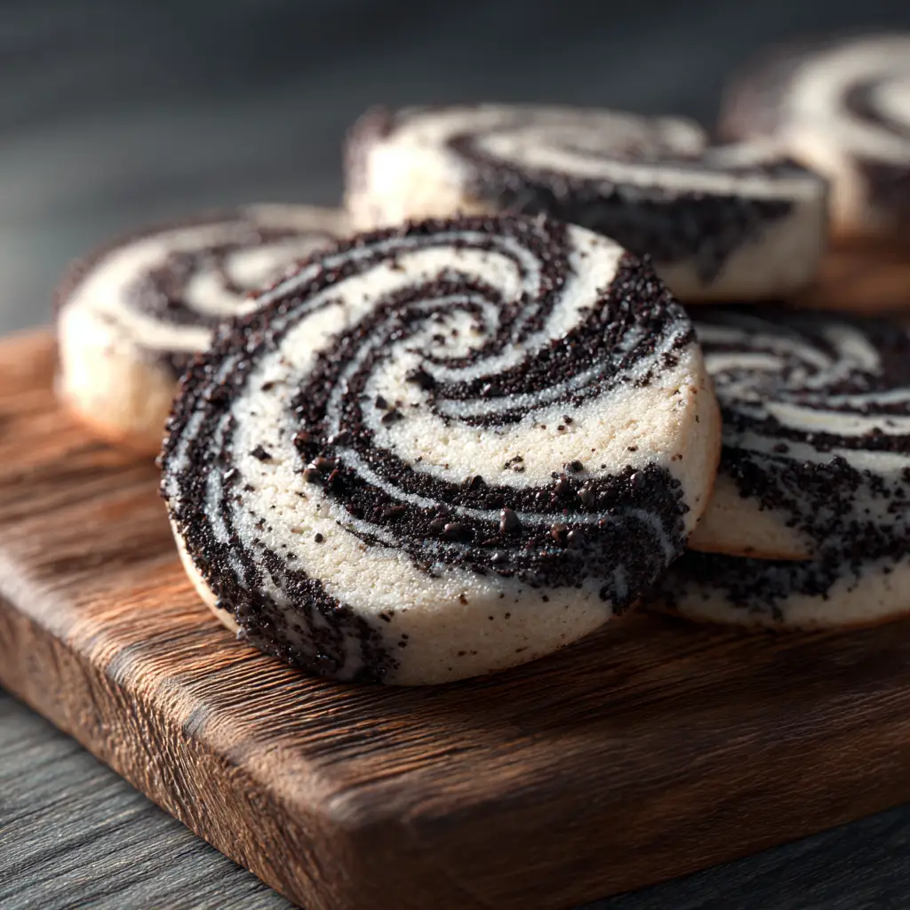 Zebra Cookies Recipe (That's Actually Easy!) 1 A stack of freshly baked zebra stripe cookies on a cooling rack, showing their uniform shape and appealing pattern.