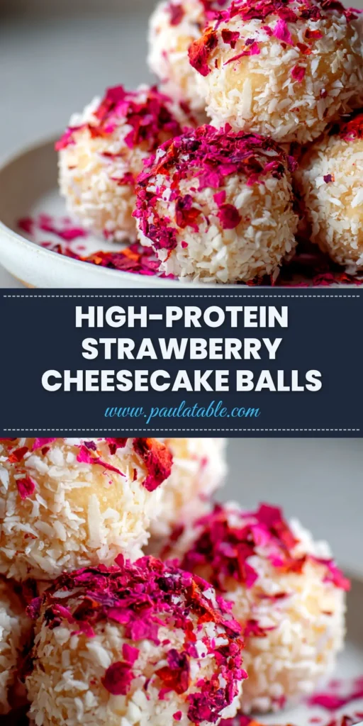 Strawberry Cheesecake Protein Balls (Easy, No-Bake Recipe) 3 A close up shot of several strawberry cheesecake protein balls arranged on a white plate, with fresh strawberries in the background. The perfect healthy, no-bake snack.
