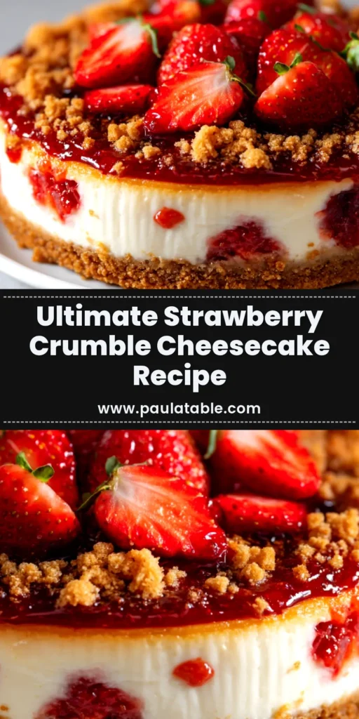 An overhead shot of a whole strawberry crumble cheesecake recipe, ready to be sliced and served. The cheesecake has a golden-brown crumble topping and is garnished with fresh strawberries.