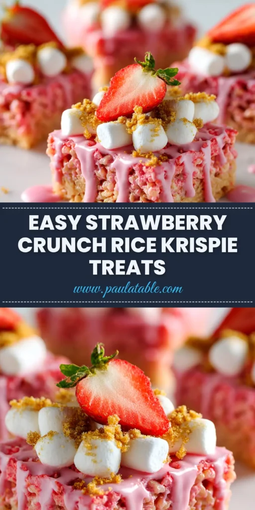 A stack of perfectly cut Strawberry Crunch Rice Krispie Treats on a white plate, showing the pink marshmallow base and the crumbly strawberry crunch topping.