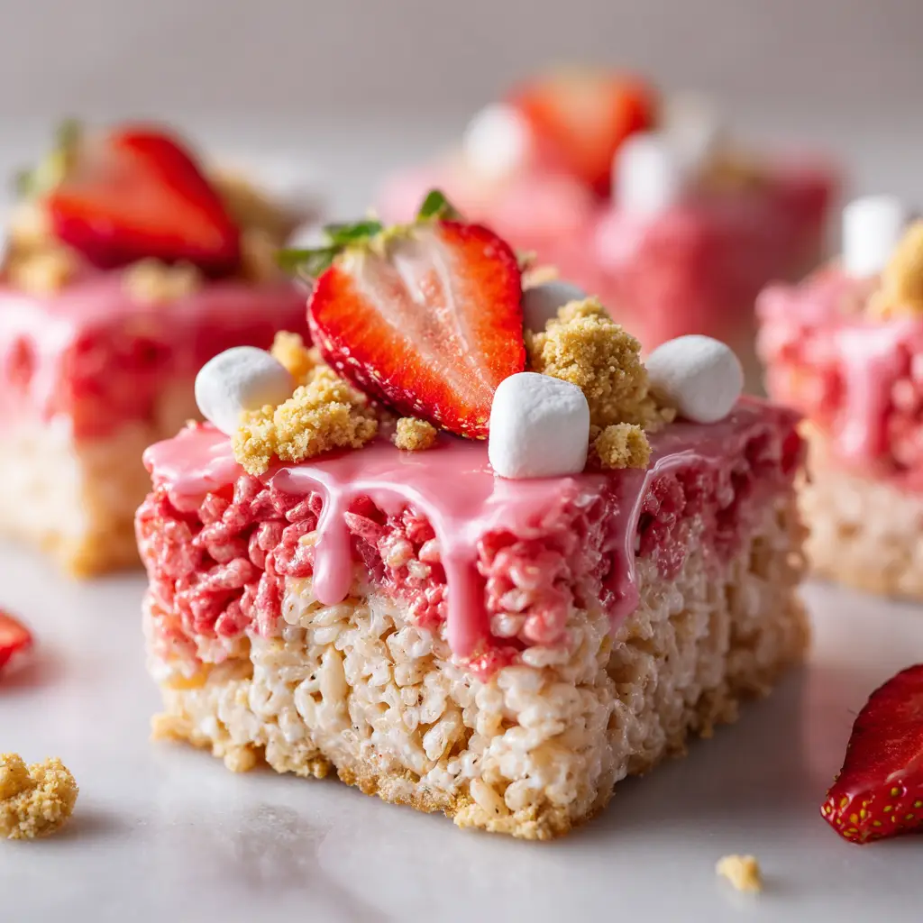 A pan of freshly made Strawberry Crunch Rice Krispie Treats before being cut, showing the even layer of pink cereal base and the generous crumble on top.