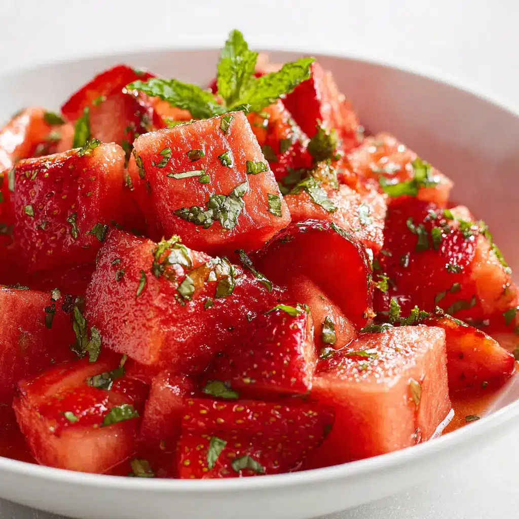 Strawberry Watermelon Salad with Feta and Mint 2 An extreme close-up of the strawberry watermelon salad, showing the juicy texture of the watermelon and the creamy crumbles of feta cheese.
