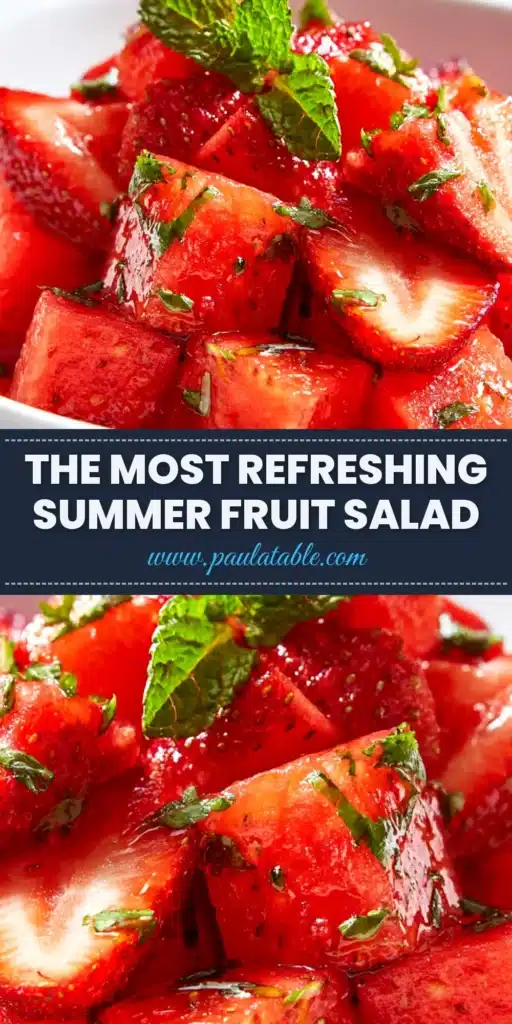 Strawberry Watermelon Salad with Feta and Mint 3 A bright and refreshing Strawberry Watermelon Salad in a white bowl, topped with feta cheese and fresh mint, ready to be served.