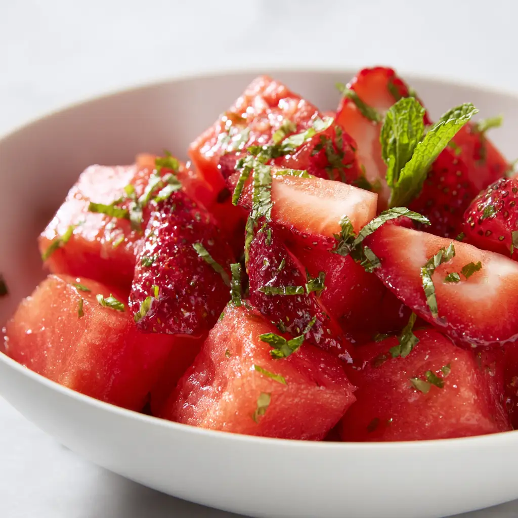 Strawberry Watermelon Salad with Feta and Mint 1 A serving of the refreshing summer salad on a plate, showcasing the bright colors of the strawberries, watermelon, and mint.