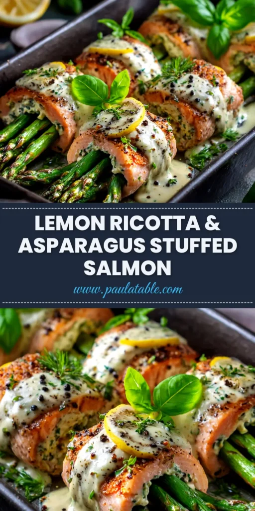 Stuffed Salmon Rolls (Easy & Elegant Recipe) 4 A beautiful overhead shot of baked stuffed salmon rolls in a white dish, garnished with fresh dill. This easy and elegant recipe is perfect for a special dinner.