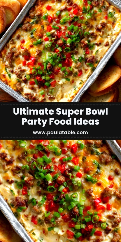 A collection of easy Super Bowl food ideas, including a cheesy dip, sliders, and wings arranged on a table for a party.