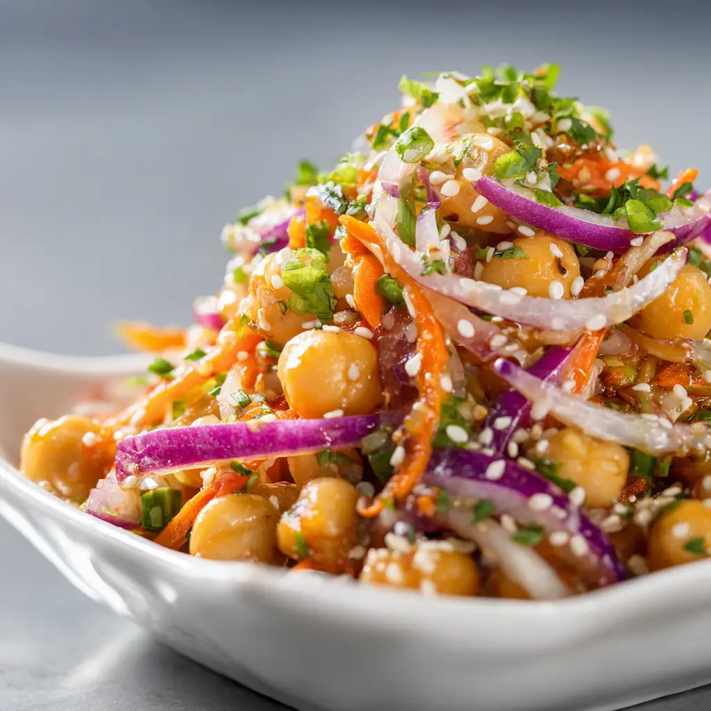A bowl of Thai chickpea salad being tossed with a creamy Thai peanut dressing, showing the sauce coating the ingredients.