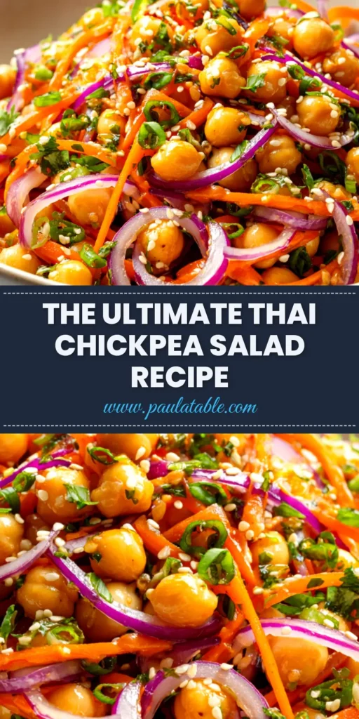 An overhead shot of a vibrant Thai chickpea salad in a white bowl, ready to be pinned. The salad features chickpeas, red cabbage, and carrots, drizzled with a creamy peanut dressing.