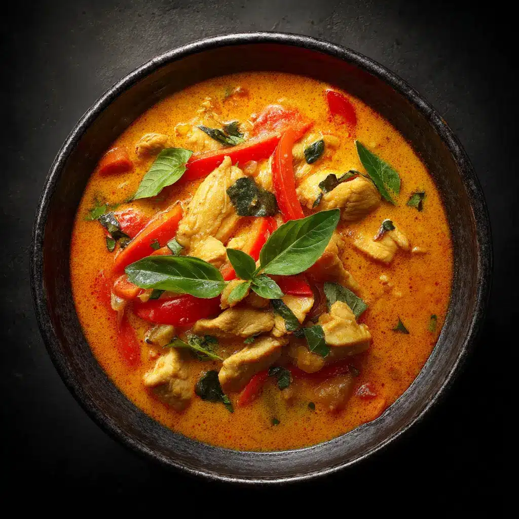 A close-up shot of a bowl of Thai Coconut Curry Chicken served over fluffy jasmine rice, garnished with fresh cilantro.