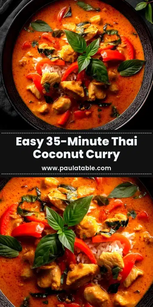 A large white bowl filled with creamy Thai Coconut Curry Chicken, garnished with fresh cilantro and a lime wedge, ready to be pinned.