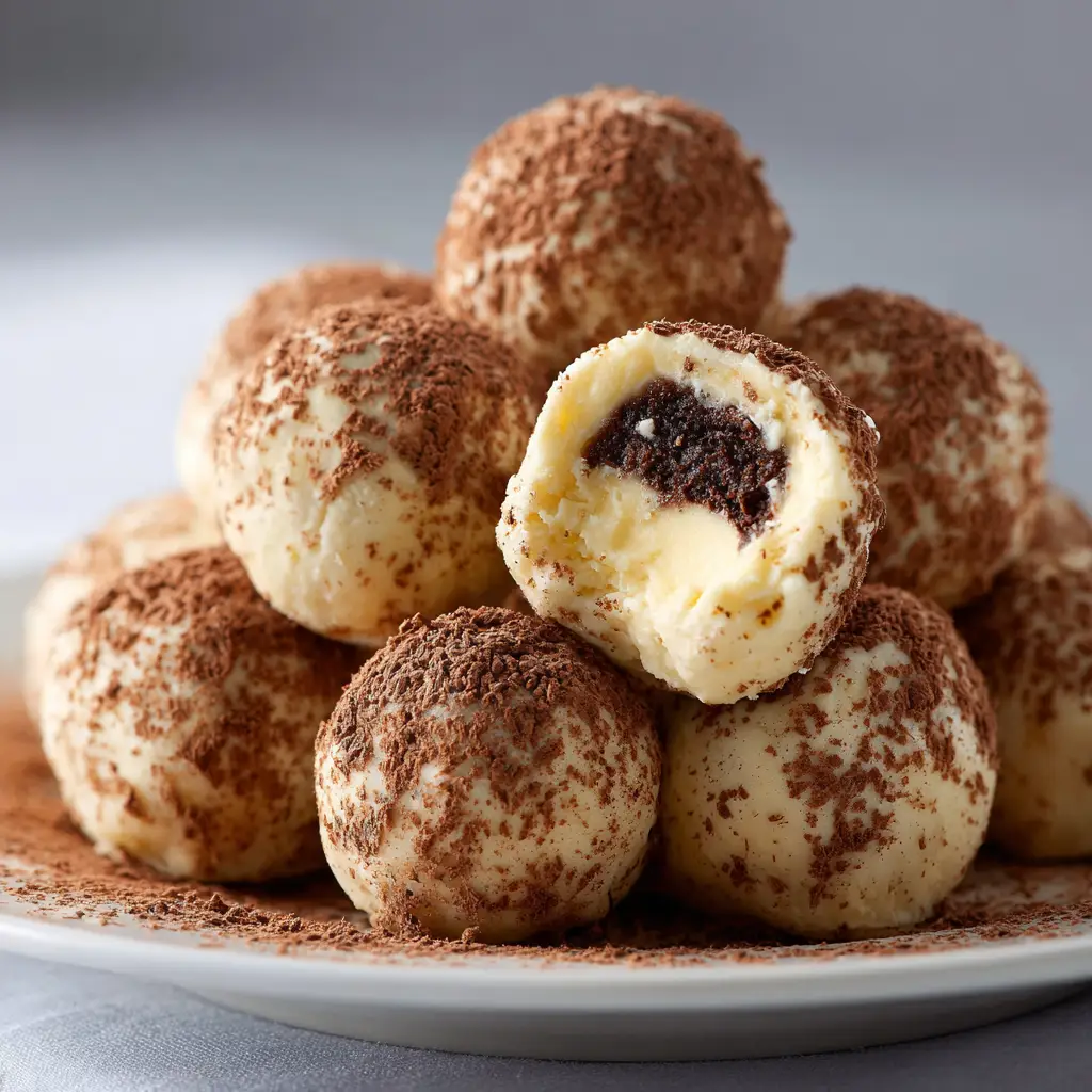 No-Bake Tiramisu Truffles (Easy 6-Ingredient Recipe!) 2 A close-up shot of several tiramisu bites coated in creamy white chocolate, highlighting their smooth texture.