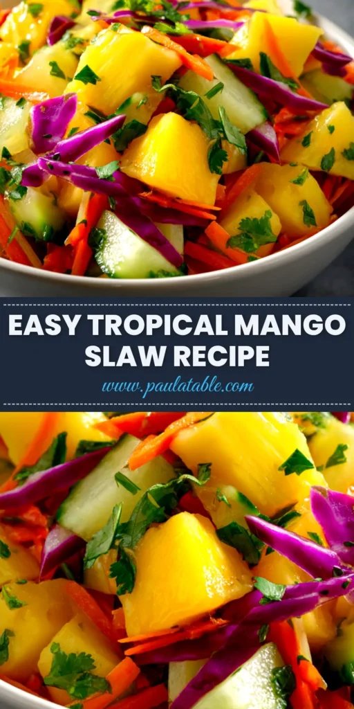 Tropical Cucumber Mango Slaw: A Refreshing Escape 4 A vibrant overhead shot of Tropical Cucumber Mango Slaw in a white serving bowl, garnished with fresh cilantro and lime wedges.