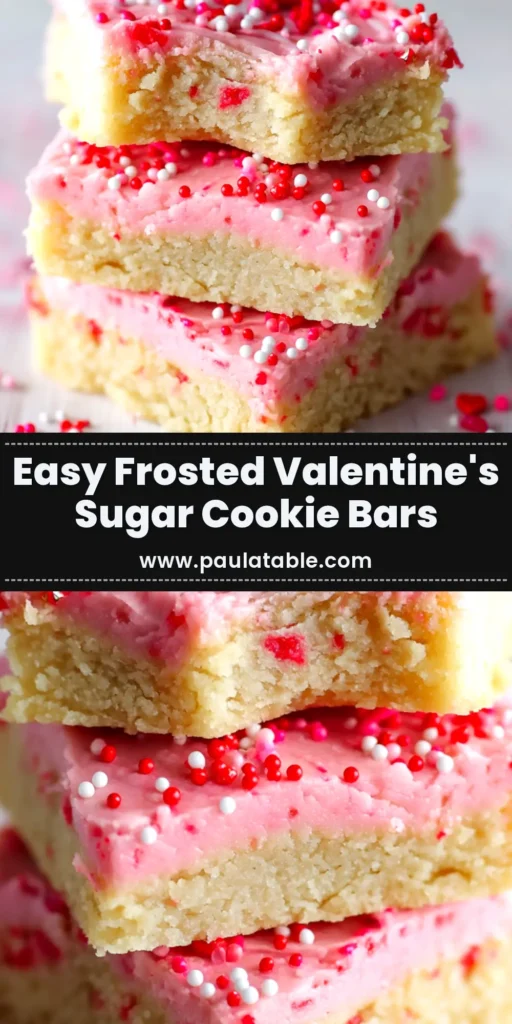 A pan of Valentine's Day Sugar Cookie Bars topped with pink frosting and festive heart sprinkles, with one bar cut out.